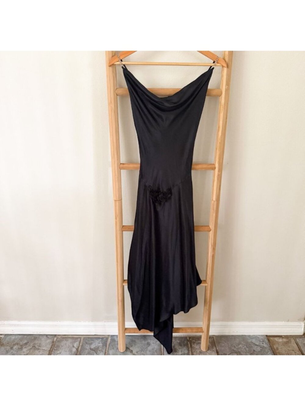 Vintage Jodi Kristopher Black Satin Cowl Neck Handkerchief Dress Size 1/2 Midi